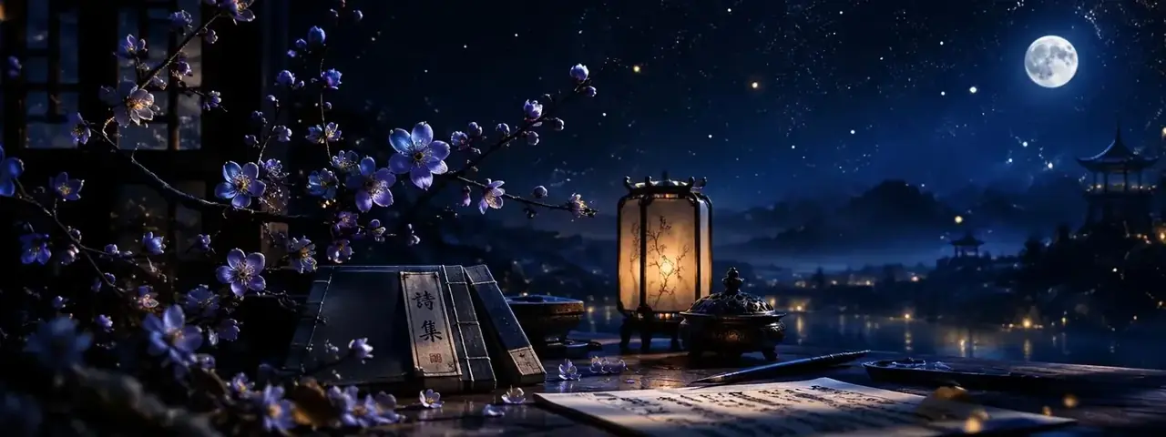 花韵介绍页面头部，夜色中的梅枝、古籍与灯影